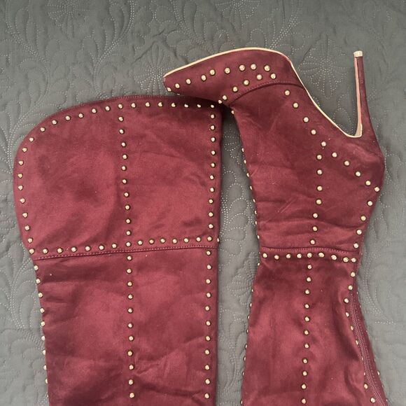 MACKIN J 181-1 Maroon Faux Suede Thigh High Pointy Toe Studded Stiletto Boot SZ8 - Picture 3 of 12